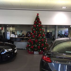Audi Car showroom Christmas tree with red bows