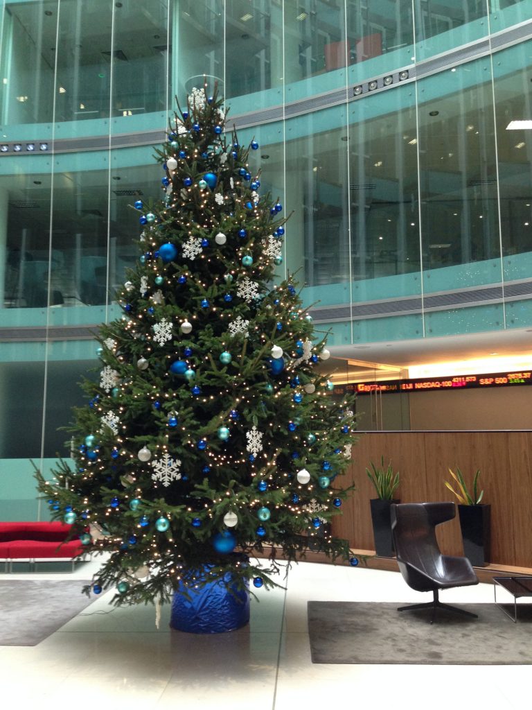 Christmas tree in reception, blue decorations
