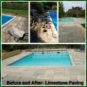 Before and after of limestone paving around a pool